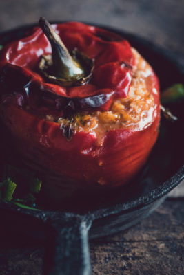 Served stuffed peppers in the pan,selective focus